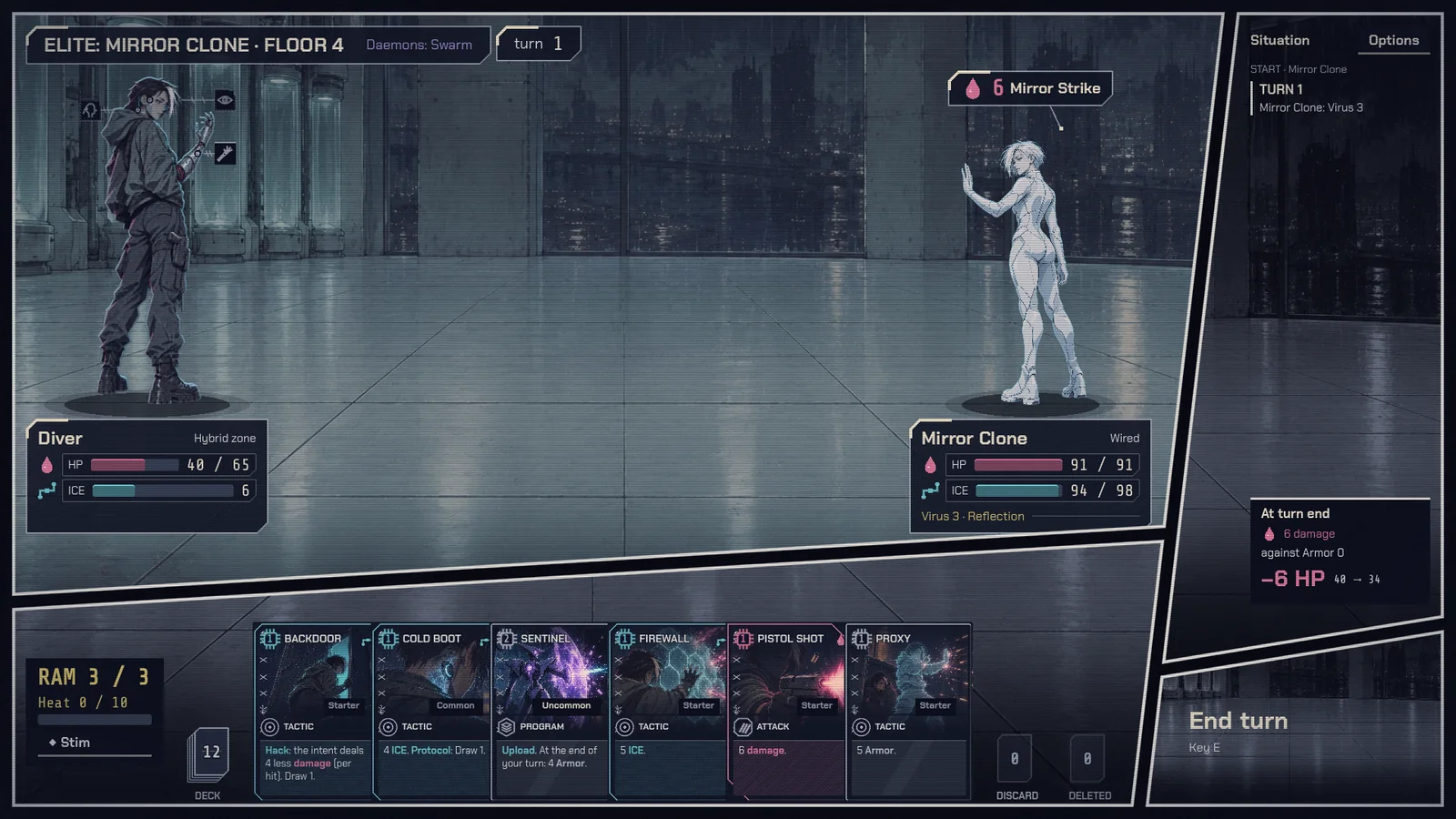 Diver faces a Mirror Clone in a tactical card battle, with the hand and enemy intent visible.