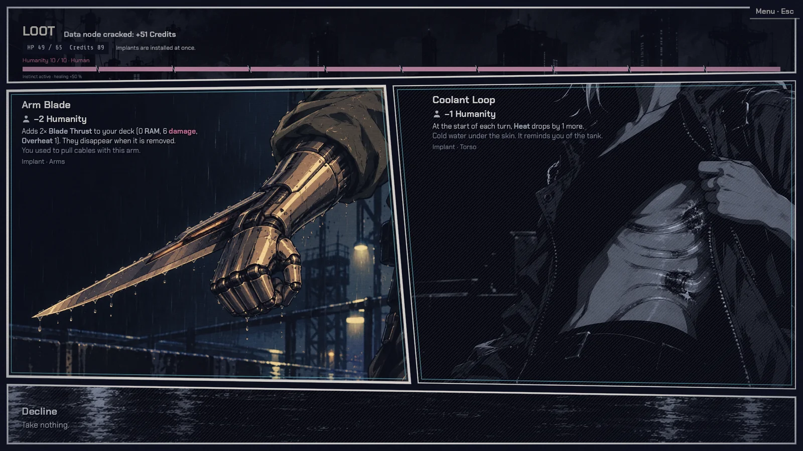 A post-fight loot screen offers an Arm Blade implant alongside a Coolant Loop.
